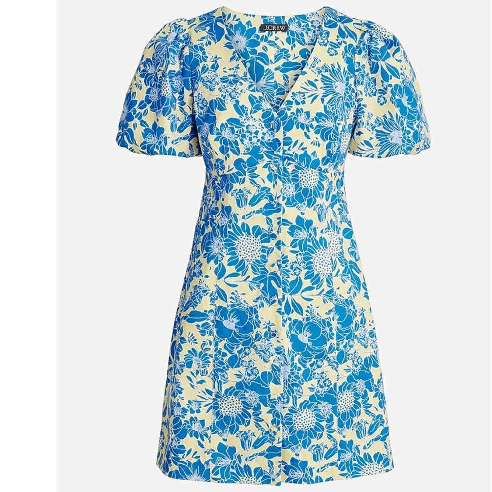 J. Crew Button-front puff-sleeve mini dress in blue floral twill